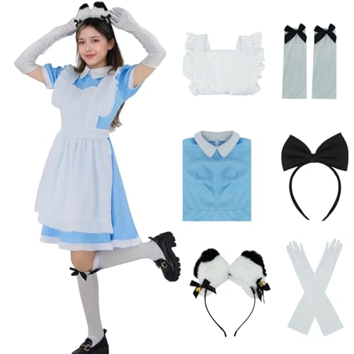Tvnxdgl Alice Kostüm für Damen, Wunderland-Dienstmädchen-Outfit, Anime-Lolita-Kleid, Halloween, Cosplay, Dienstmädchen, Schürze, Handschuhe, Stirnband, Socken, Blau, L von Tvnxdgl