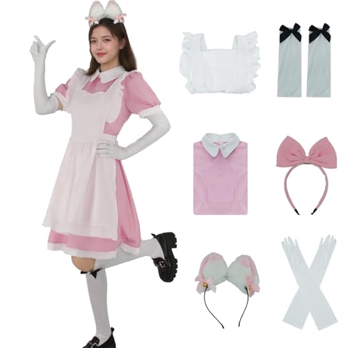 Tvnxdgl Alice Kostüm für Damen, Wunderland-Dienstmädchen-Outfit, Anime-Lolita-Kleid, Halloween, Cosplay, Dienstmädchen, Schürze, Handschuhe, Stirnband, Socken, Pink, 3XL von Tvnxdgl