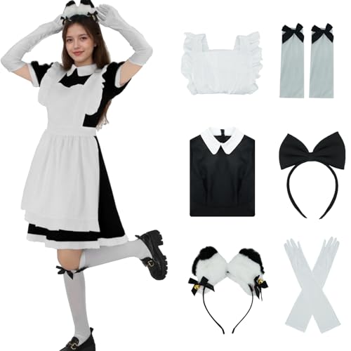 Tvnxdgl Alice Kostüm für Damen, Wunderland-Dienstmädchen-Outfit, Anime-Lolita-Kleid, Halloween, Cosplay, Dienstmädchen, Schürze, Handschuhe, Stirnband, Socken, Schwarz, M von Tvnxdgl