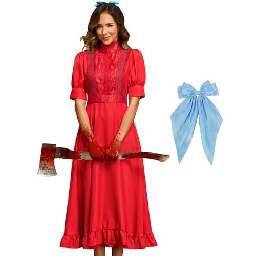 Tvnxdgl Perlenkostüm, Horrorfilm, Cosplay, rotes Kleid mit blauer Schleife, kurze Ärmel, Halloween, Party, Gothic-Kleid, Rot/Ausflug, einfarbig (Getaway Solids), 3XL von Tvnxdgl