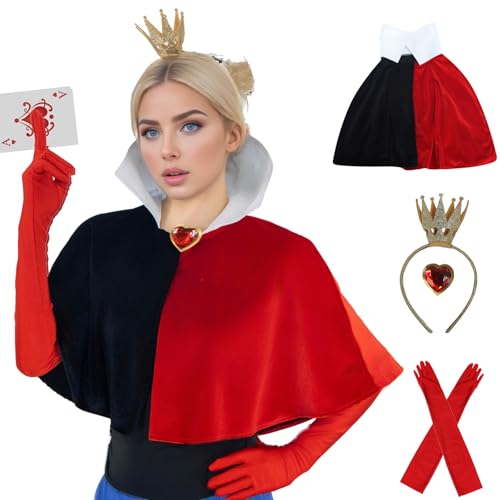 Tvnxdgl Queen Costume Kit Women Velvet Cape with Crown Headband Red Heart Rhinestone Pin Gloves Set Halloween Cosplay Outfits, Rot/Ausflug, einfarbig (Getaway Solids), Einheitsgröße von Tvnxdgl
