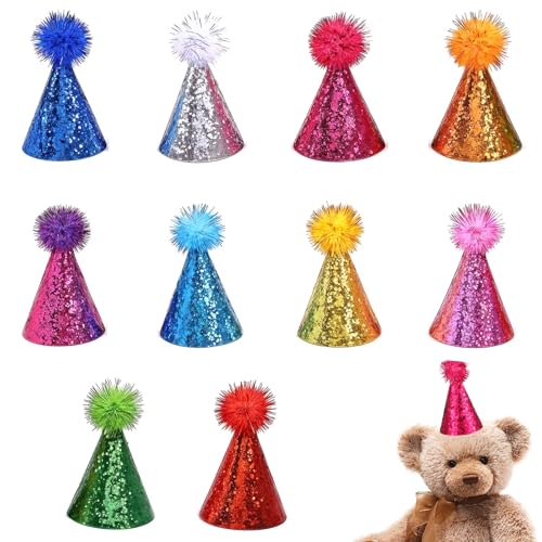 10er Pack Mini-Partyhüte für Spielzeugtiere, Kleine verstellbare Hüte mit glänzenden Pompons für Mini-Hunde, Kätzchen, Teddys, Puppen, Bastelarbeiten, Geburtstagskuchen-Dekorationen, Partyzubehör von Tweruna