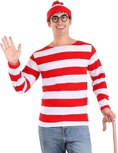 Twhxiyicos Rot und Weiß Gestreiftes Hemd Waldo Kostüme Halloween Cosplay Shirts Frauen Sweatshirt Männer Zauberer Brille Hut Anzüge von Twhxiyicos