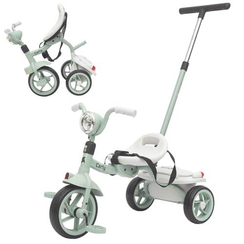 Twinly Evolutionäres Baby-Dreirad, faltbar, für Kinder von 1-5 Jahren, leicht und kompakt, Lenker mit Licht und Sound, Korb und verstellbarer Schiebestange Carly (Minze) von Twinly