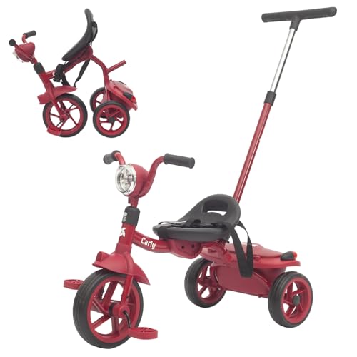 Twinly Evolutionäres Baby-Dreirad, faltbar, für Kinder von 1-5 Jahren, leicht und kompakt, Lenker mit Licht und Sound, Korb und verstellbarer Schiebestange Carly (rot) von Twinly