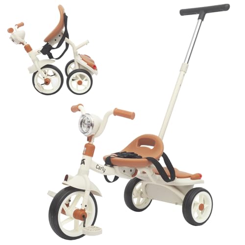 Twinly Evolutionäres Baby-Dreirad, faltbar, für Kinder von 1-5 Jahren, leicht und kompakt, Lenker mit Licht und Sound, Korb und verstellbarer Schiebestange Carly (weiß) von Twinly