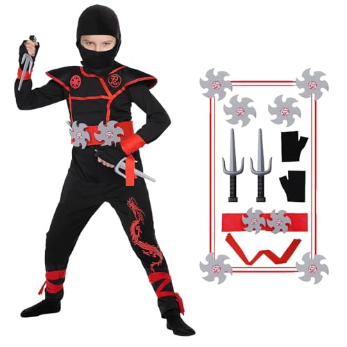 Twister.CK Ninja-Kostüm für Jungen, Deluxe-Ninja-Kostüm mit Ninja-Schaumstoff-Zubehör für Kinder, Verkleidungsparty (XL), Schwarz von Twister.CK