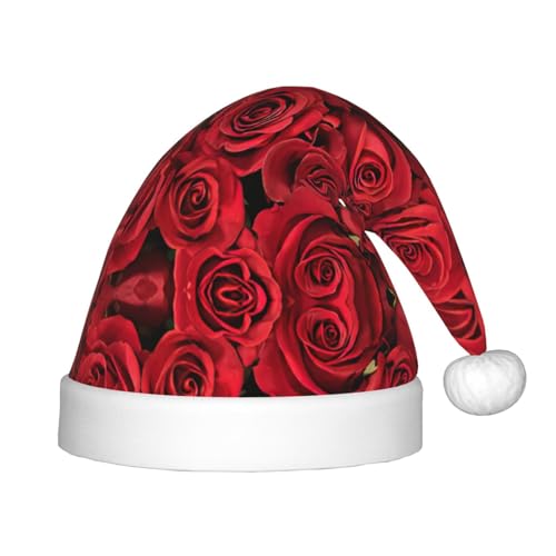 TyEdee Weihnachtsmütze mit rotem Rosen-Aufdruck für Kinder, Plüsch-Weihnachtsmütze, Weihnachtsmütze, niedliche Weihnachtsmütze, für Jungen und Mädchen von TyEdee