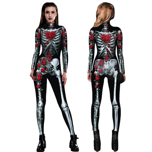 Tyafzzn Halloween Kostüm Damen Skelett, Faschingskostüme, Jumpsuit, Body, Skeleton Costume, Overall für Halloween Party, Karneval Cosplay (Schwarz) L von Tyafzzn