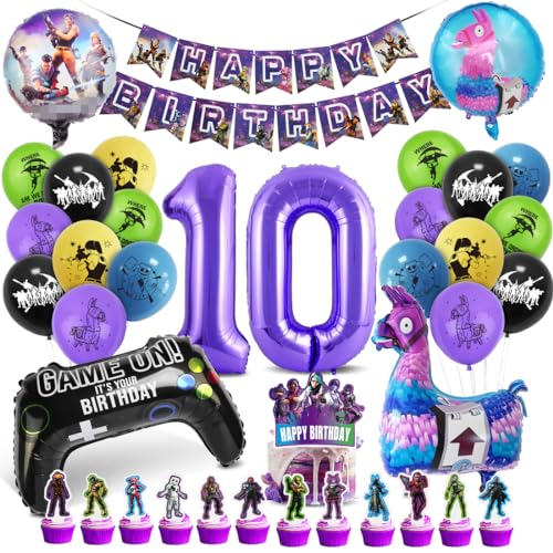 Deko 10. Geburtstag Junge, Gaming Party Luftballon Set, Zahl 10 Folienballon Violett Schwarz, Luftballons Girlanden Banner für Kindergeburtstag Party Dekoration von Tydeus