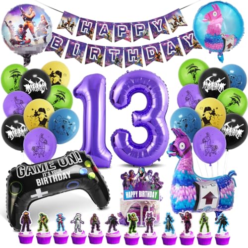 Deko Geburtstag Junge 13 Jahre, Luftballon 13. Geburtstag Gaming Party, Zahl 13 Folienballon Violett Schwarz, Luftballons Girlanden Geburtstag Banner Set für Kindergeburtstag Party Dekoration von Tydeus