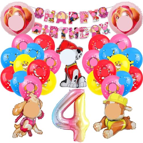 Hund Patrol Luftballons 4 Geburtstag Deko,Folienballon Zahl 4, Dog Cartoon Luftballons Geburtstag Deko 4 Jahre für Mädchen Junge,Happy Birthday Banner für Dog Dekoration Kindergeburtstag Party von Tydeus