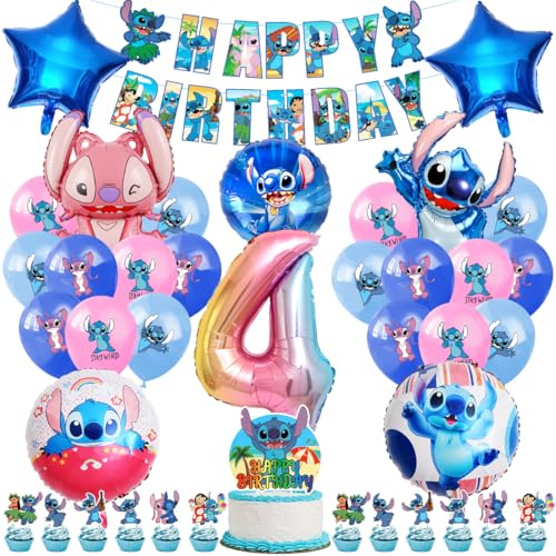 Luftballons Kinder Geburtstag Deko 4 Jahre, Foil Balloons Geburtstagsdeko, Party Deko Set mit Tortendeko und Happy Birthday Banner für Kindergeburtstag 4. Mädchen Junge Party Dekoration von Tydeus