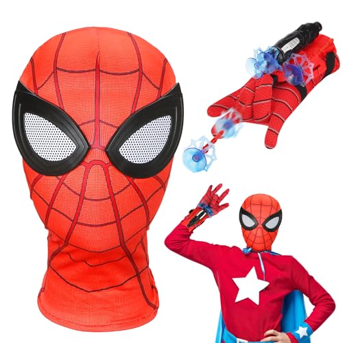 Tydeus Launcher mit Rot Maske Kinder, Handschuhe Spinnennetz, Mask für Kinder, Web Shooter und Masken Spielzeug für Halloween Karneval Cosplay Geschenk von Tydeus