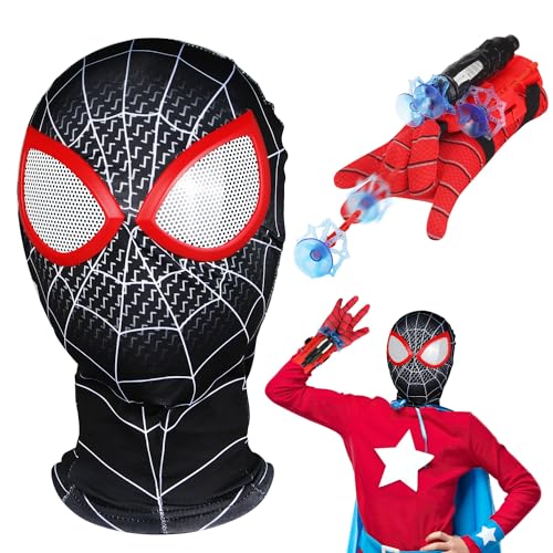 Tydeus Launcher mit Schwarz Maske Kinder, Handschuhe Spinnennetz, Mask für Kinder, Web Shooter und Masken Spielzeug für Halloween Karneval Cosplay Geschenk von Tydeus