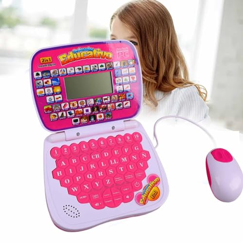 Tyenaza Lernmaschine für Kinder, Englisch- und Spanisch, Musikfunktion, interaktiver Lernlaptop für Kinder, zum Lernen von Mathematik, Logik, Spielen und Musik (Rosa) von Tyenaza