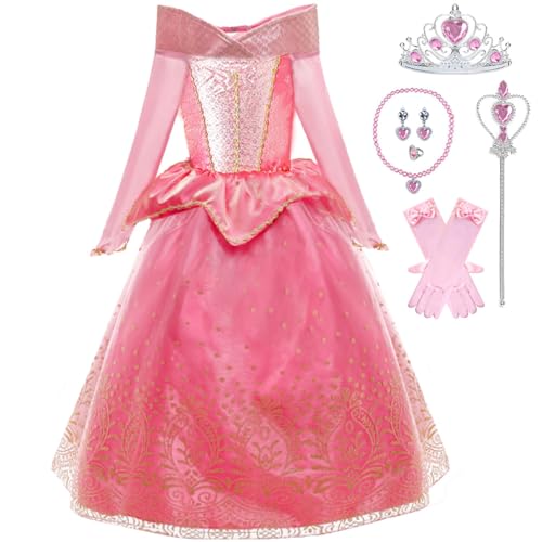 Tyidalin Mädchen Prinzessin Aurora Kleid Kinder Dornröschen Kostüm Geburtstag Party Weihnachten Halloween Karneval Cosplay, Rosa mit Zubehör, 116-122(Etikett 120) von Tyidalin