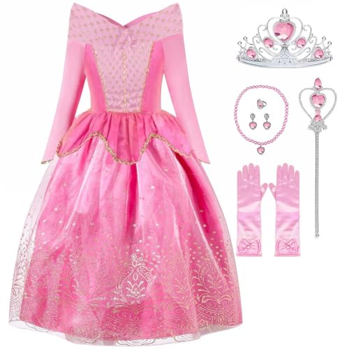 Tyidalin Mädchen Prinzessin Aurora Kleid Kinder Dornröschen Kostüm Geburtstag Party Weihnachten Halloween Karneval Cosplay, Rosa, 116-122(Etikett 120) von Tyidalin