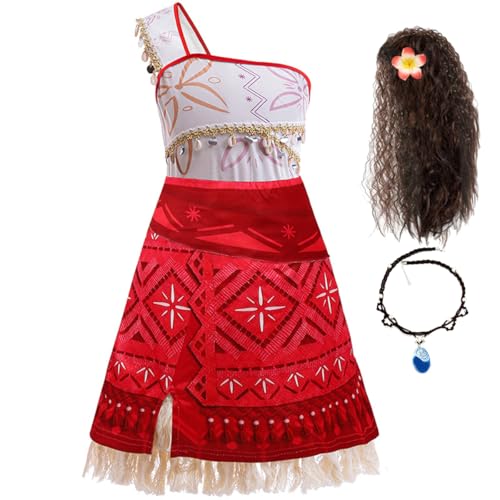 Tyidalin Mädchen Prinzessin Moana Kostüm für Kinder Vaiana 2 Ozean Kleid mit Perücke und Halskette Faschingskostüme Geburtstag Karneval Cosplay, Rot, 146-152(Etikett 150) von Tyidalin