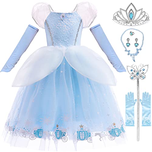 Tyidalin Aschenputtel Kostüm Prinzessin Cinderella Kleid für Mädchen Kinder Halloween Karneval Party Verkleidung, Blau, 104-110(Etikett 110) von Tyidalin