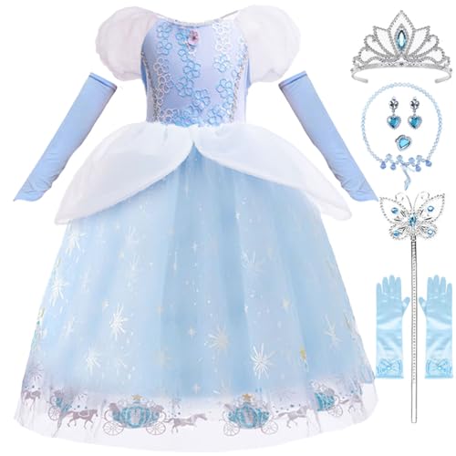 Tyidalin Aschenputtel Kostüm Prinzessin Cinderella Kleid für Mädchen Kinder Halloween Karneval Party Verkleidung, Blau, 104-110(Etikett 110) von Tyidalin