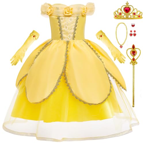 Tyidalin Prinzessin Kleid Mädchen Belle Faschingskostüme Kinder für Karneval Halloween Geburtstag Weihnachten Verkleidung Party, Gelb, 104-110(Etikett 110) von Tyidalin