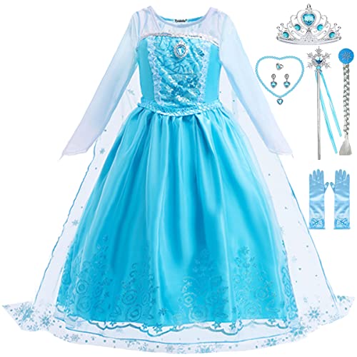 Tyidalin Prinzessin Elsa Kostüm für Mädchen Eiskönigin Kleid Kinder Halloween Karneval Verkleidung, Blau, 128-134(Etikett 130) von Tyidalin
