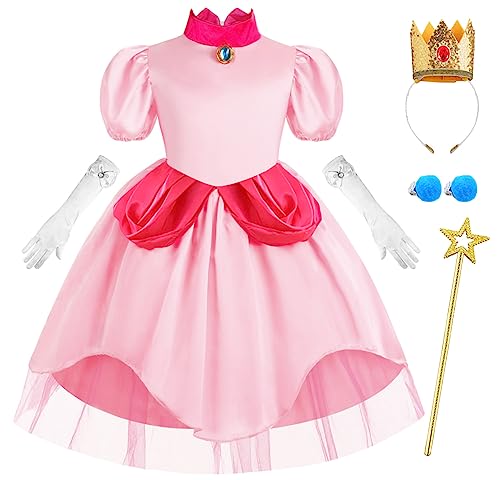 Tyidalin Prinzessin Peach Kostüm Mädchen Pfirsich Kleider Puffärmel Kinder Cosplay Set Halloween Weihnachten Fasching Karneval Verkleidung, 116-122(Etikett 120) von Tyidalin