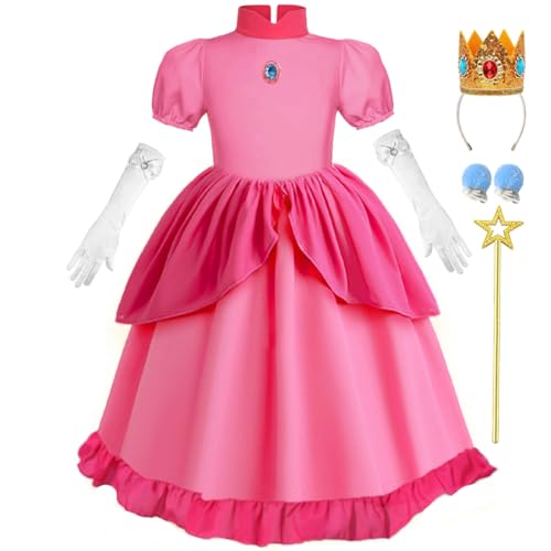 Tyidalin Prinzessin Peach Kostüm Mädchen Pfirsich Kleider Puffärmel Kinder Cosplay Set Halloween Weihnachten Fasching Karneval Verkleidung, Rote Rosa, 104-110(Etikett 110) von Tyidalin