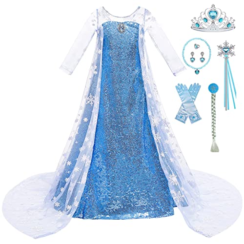 Tyidalin Prinzessin Elsa Kostüm Mädchen Eiskönigin Elsa Kleid Kinder Cosplay Karneval Halloween Party Geburtstag, Blau, 128-134(Etikett 130) von Tyidalin