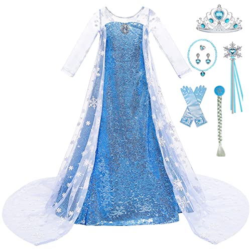 Tyidalin Prinzessin ELSA Kostüm Mädchen Eiskönigin ELSA Kleid Kinder Cosplay Karneval Halloween Party Geburtstag, Blau, 128-134(Etikett 130) von Tyidalin