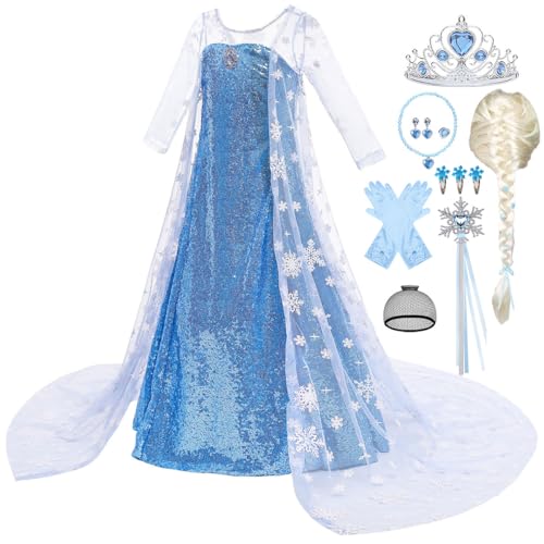 Tyidalin Prinzessinen Kleid fur Mädchen Schneekönigin Kostüm Kinder Kleider Cosplay Karneval Party Geburtstag Elsa Kleid, Blau mit Zubehör, 146-152(Etikett 150) von Tyidalin