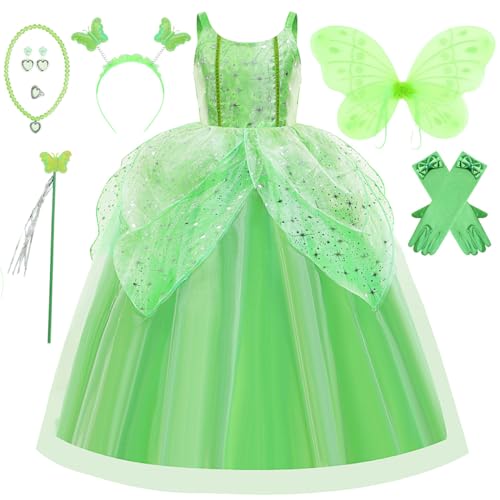 Tyidalin Tinkerbell Kostüm mit Flügeln Kinder Mädchen Grün Fee Prinzessin Kleid Set für Halloween Karneval Geburtstag Weihnachten, Grün, 104-110(Etikett 110) von Tyidalin