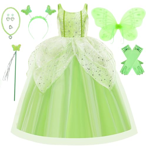 Tyidalin Tinkerbell Kostüm mit Flügeln Kinder Mädchen Grün Fee Prinzessin Kleid Set für Halloween Karneval Geburtstag Weihnachten, Hellgrün, 104-110(Etikett 110) von Tyidalin