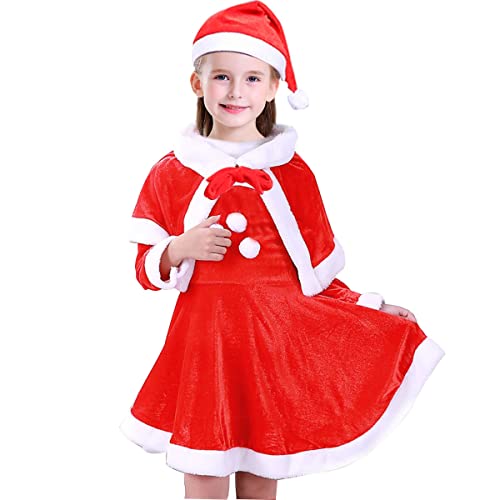 Tyidalin Weihnachtsfrau Kleid Mädchen Kinder Santa Weihnachtsmann Kostüm Set Baby Weihnachten mit Hut Cosplay Party, 104-110(Etikett 110) von Tyidalin
