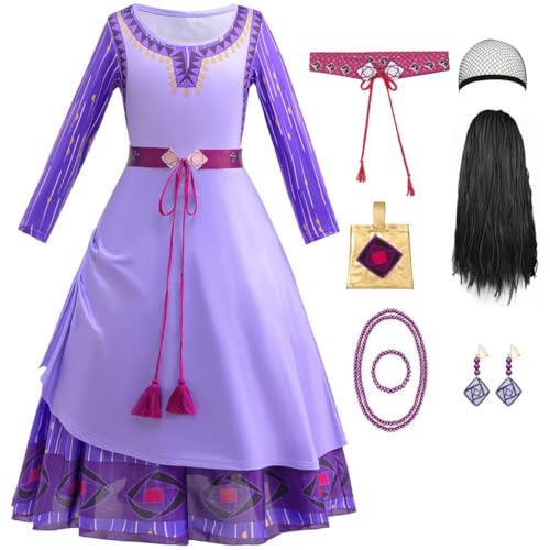 Tyidalin Wish Asha Mädchen Kostüm Prinzessin Kleid mit Perücke Zubehöre Fasching Verkleidung für Karneval Geburtstag Party Halloween, Lila, 104-110(Etikett 110) von Tyidalin