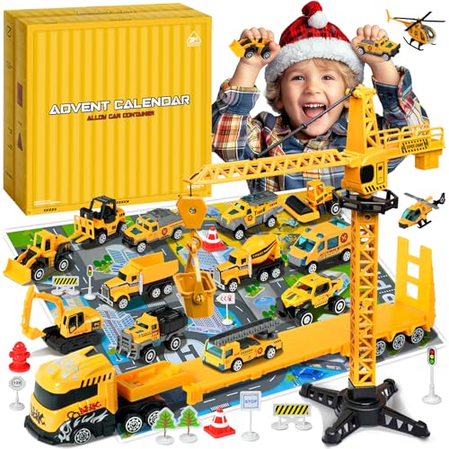 Adventskalender 2025 Baufahrzeuge aus Legierung für Kinderspielzeug, Verschiedene Auto-Sets für Jungen und Mädchen, inklusive Spielmatte von Tymokcall