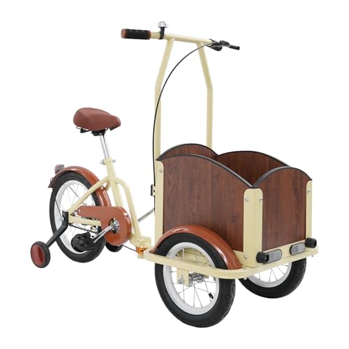 Faltbare Kinderdreirad 12 Zoll Vorderrad 16 Zoll Hinterrad 3 Rad Fahrrad bis 80KG Belastbar Laufräder für Kinder mit Stützrädern (Beige+Braun) von TyochiAki