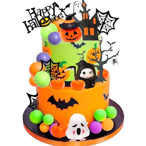 Tyotrbs Halloween-Kuchenaufsätze, 3D-Kürbis-Fledermaus-Geist, Kuchendekorationen, Happy Halloween-Kuchenaufsatz für Halloween-Party-Zubehör von Tyotrbs