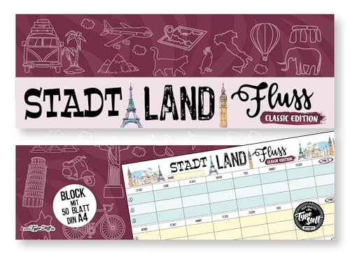 TypeStoff Stadt Land Fluss - Spielblock mit kreativen Kategorien für Kinder & Erwachsene - Familienspiel, Partyspiel und Reisespiel - Denkspiel Klassiker - 50 Blatt, DIN A4 - BC-01519 von TypeStoff
