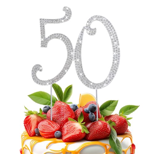 Tyqour Tortendeko 50. Geburtstag Silber - Strass Cake Topper für Jahrestag, Goldene Hochzeit - Party Zubehör für Jungen, Mädchen, Mann, Frau von Tyqour