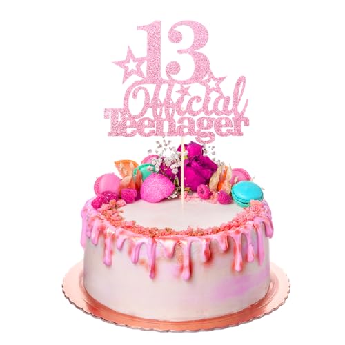 Tyqour 13.Geburtstag Tortendeko Rosa Official Teenager 13th Birthday Cupcake Toppers Rosa 13 Happy Birthday Kuchen Deko mit Karton, Glitter für 13. Geburtstag Kuchendeko Dekoration Mädchen Jungen von Tyqour