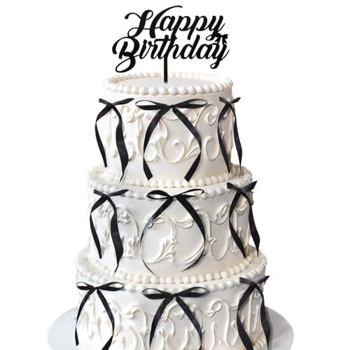 Tyqour 21 Stück Schwarz Happy Birthday Tortendeko Schleifen Happy Birthday Cake Topper mit 20 Schwarz Schleifen Deko Acryl Tortendeko Geburtstag Kuchendeko Geburtstag für Hochzeit Party Hochzeitstag von Tyqour