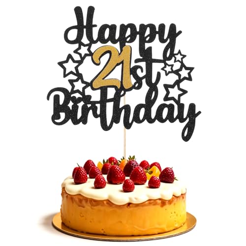 Tyqour 21. Geburtstag Junge Happy 21st Birthday Cake Topper, Gold Schwarz Cake Topper 21 Geburtstag 21st Birthday Cake-Decoration Kuchen Deko Jungen Mädchen Mann Frau von Tyqour