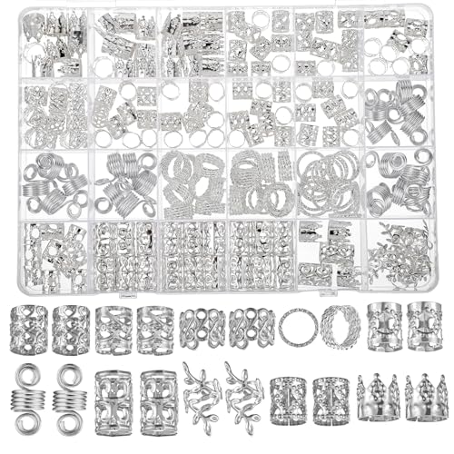 Tyqour 220 Stück Silber Haarschmuck für Zöpfe,Dreadlocks Schmuck Silber-Haaranhänger fürFrauen,Silber Haar Schmuck fürZöpfe,Verstellbar Cuffs Haarperlen Haarspiralen für Braids Zubehör Dekoration von Tyqour