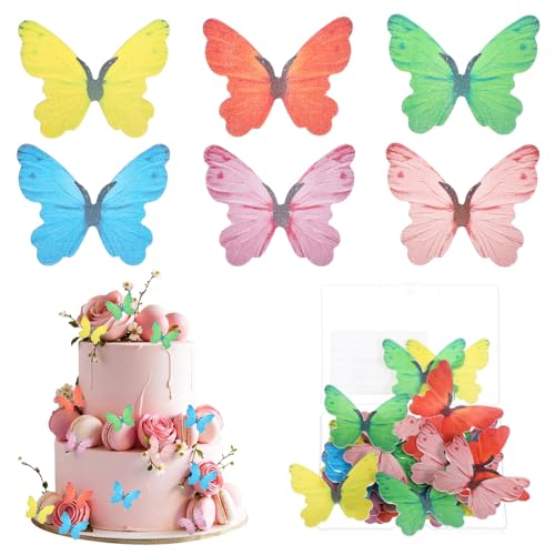 Tyqour 48 Stück Bunt Schmetterlinge Tortendeko Essbar, Bunt Essbare Schmetterlinge für Torte Esspapier Tortendeko Geburtstag Schmetterling Muffin Deko Cupcake Toppers zum Hochzeit Geburtstag Taufe von Tyqour