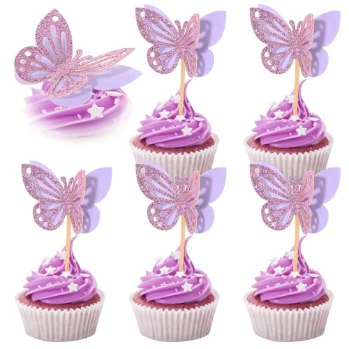 Tyqour 48 Stück Schmetterling Cupcake Topper Lila 3D Schmetterlinge Tortendeko Glitter Tortendeko Schmetterling Lila Muffin Deko für Valentinstag Hochzeit Geburtstag Party Jahrestag Babyparty von Tyqour