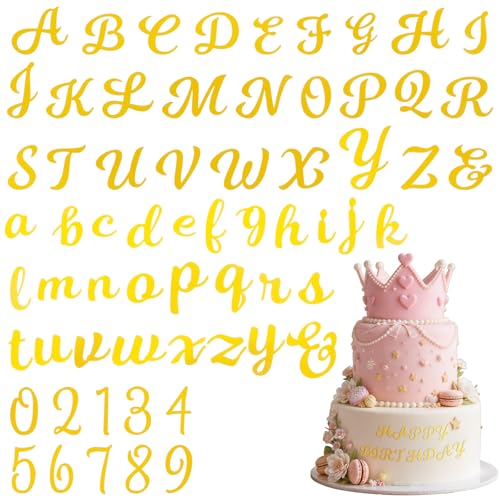 Tyqour 64 Stück Buchstaben Tortendeko Gold Torten Buchstaben für Torte Acryl Kuchen Deko Tortendeko Zahlen 0–9 und Alphabet A–z Großbuchstaben Kleinbuchstaben für Geburtstag Hochzeit Jubiläum Party von Tyqour