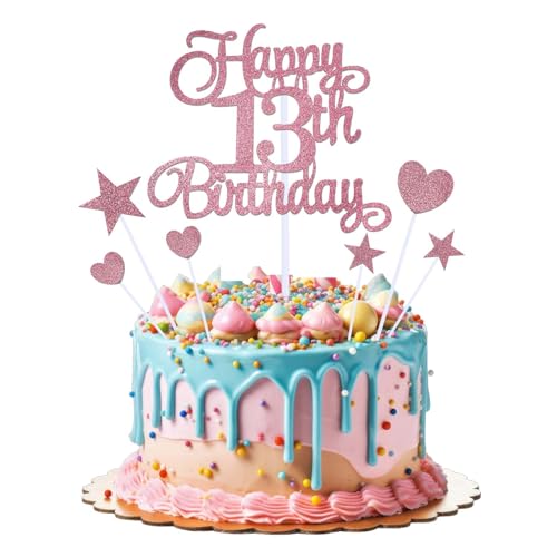 Tyqour 7 Stück Rosa Tortendeko Geburtstag Happy 13th Birthday Cake Topper Rosegold Happy 13 Birthday Kuchen Deko 13. Geburtstag Cupcake Toppers Kuchen Topper 13 Jahre Junge Mädchen Glitzer Kuchendeko von Tyqour