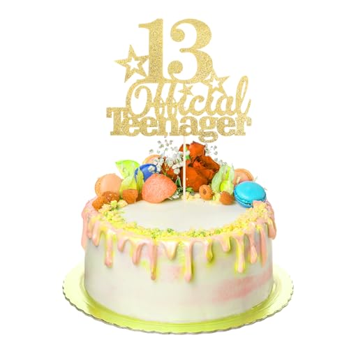 Tyqour Gold 13.Geburtstag Tortendeko Official Teenager 13th Birthday Cupcake Toppers Gold 13 Happy Birthday Kuchen Deko Glitter für 13. Geburtstag Kuchendeko Dekoration Mädchen Jungen von Tyqour